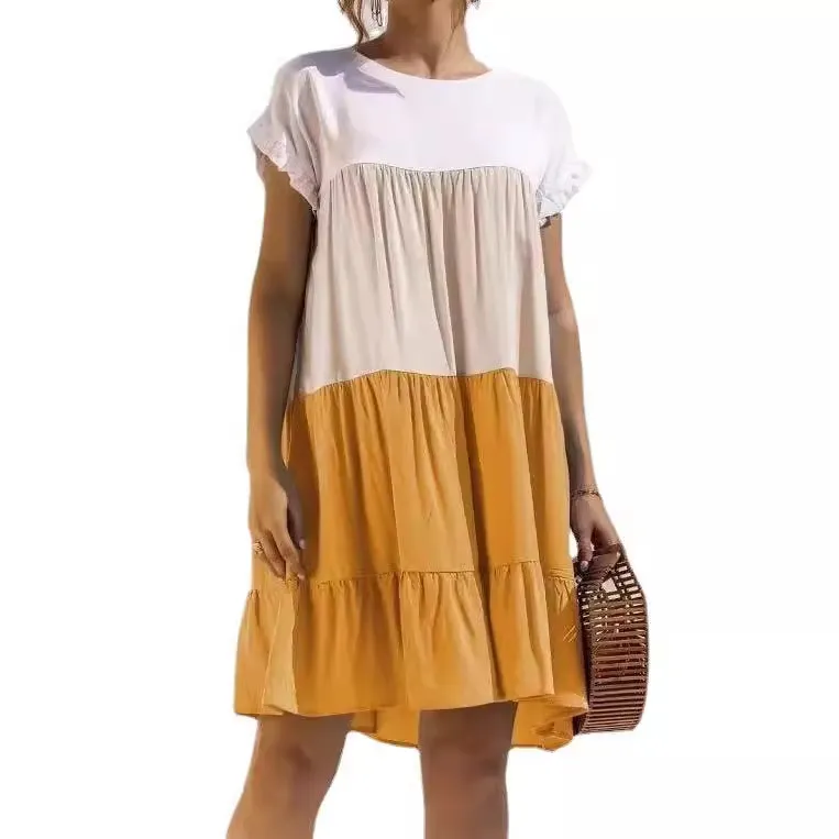 Women Fashion Casual Color Block Round Neck Short Sleeve Loose Dress - Image 4