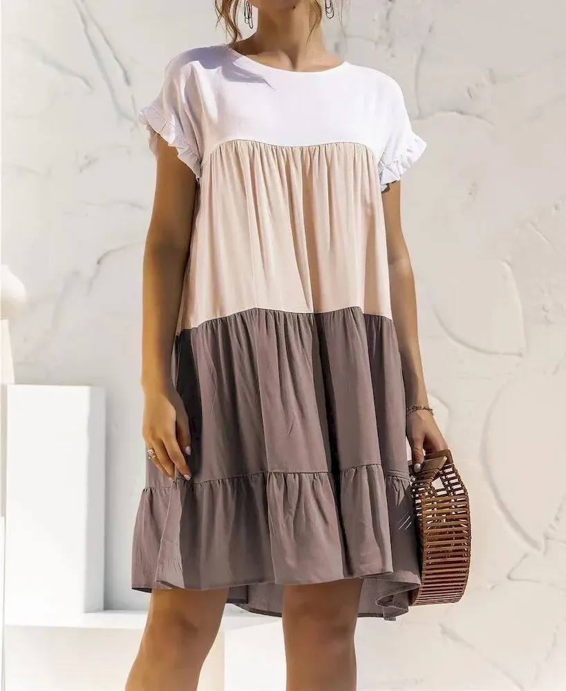 Women Fashion Casual Color Block Round Neck Short Sleeve Loose Dress - Image 5