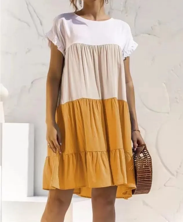 Women Fashion Casual Color Block Round Neck Short Sleeve Loose Dress - Image 6
