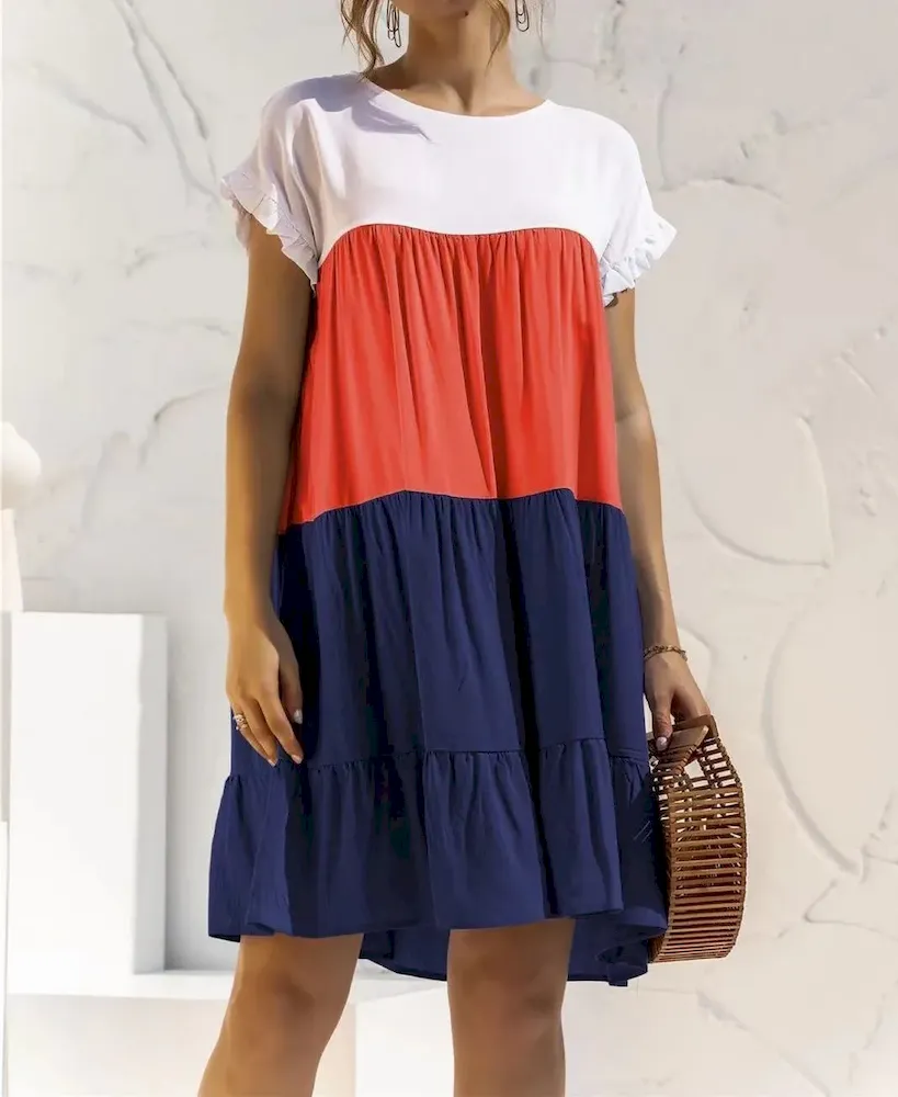 Women Fashion Casual Color Block Round Neck Short Sleeve Loose Dress - Image 11