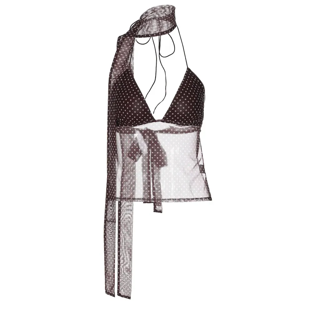 Women Sexy Polo Dot Print Deep V Lace-Up Crop Top - Image 5