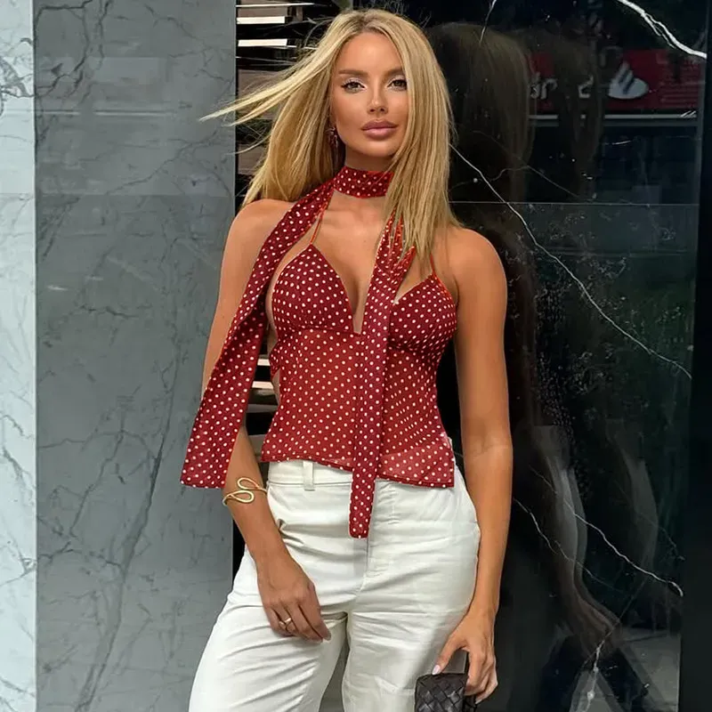 Women Sexy Polo Dot Print Deep V Lace-Up Crop Top - Image 7