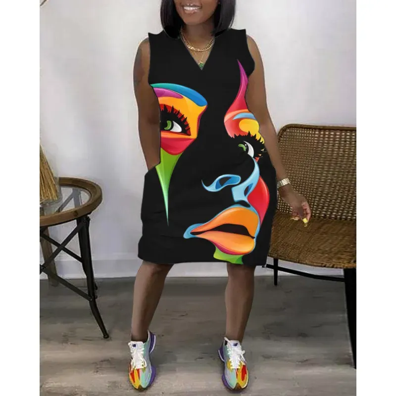 Women Fashion Casual V-Neck Sleeveless Loose Dress - Image 4