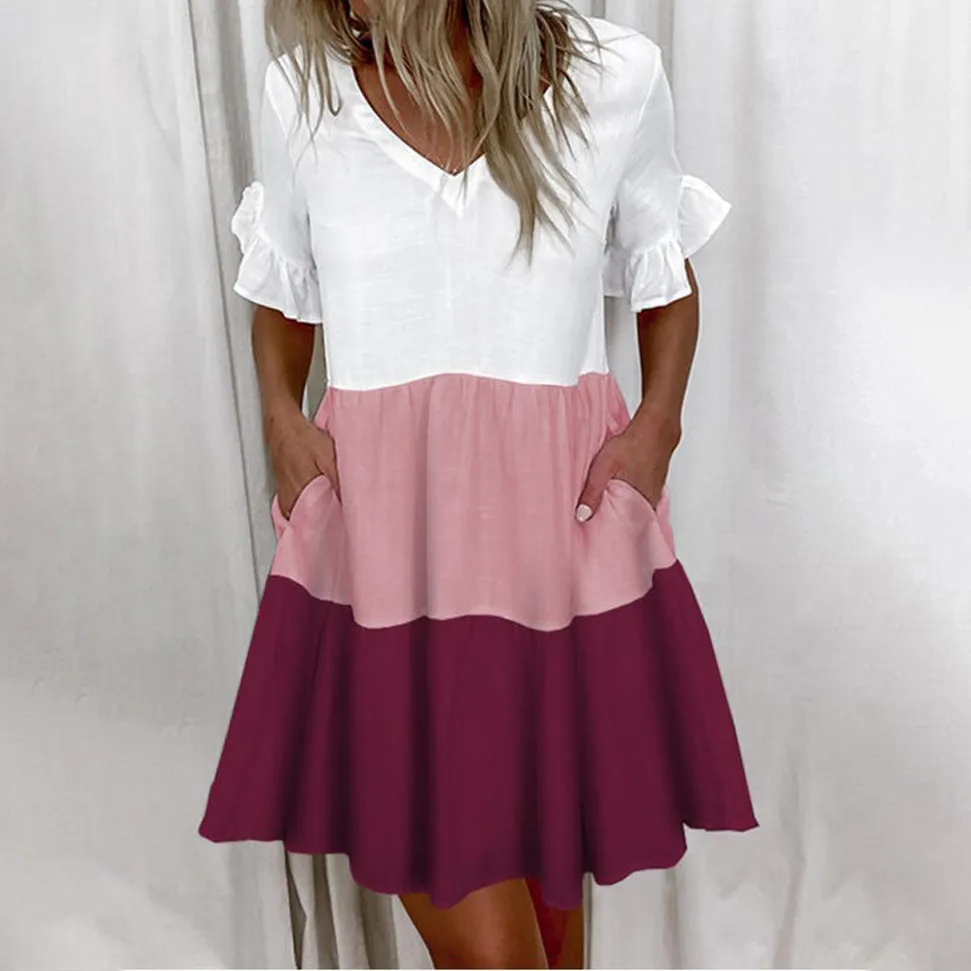 Women Fashion Casual Printed Color Block V-Neck Short-Sleeve Loose Dress