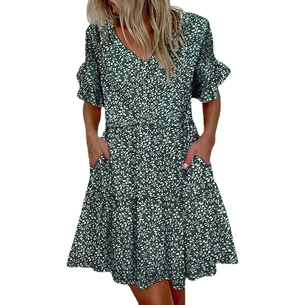 Women Fashion Casual Printed Color Block V-Neck Short-Sleeve Loose Dress - Image 5