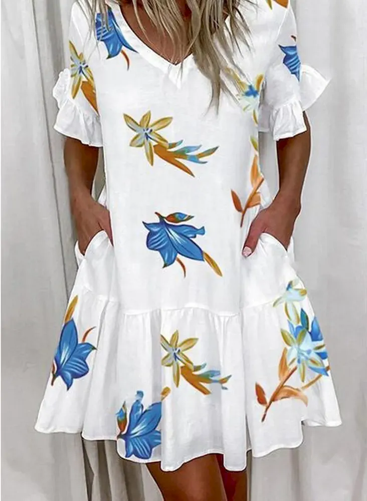 Women Fashion Casual Printed Color Block V-Neck Short-Sleeve Loose Dress - Image 10