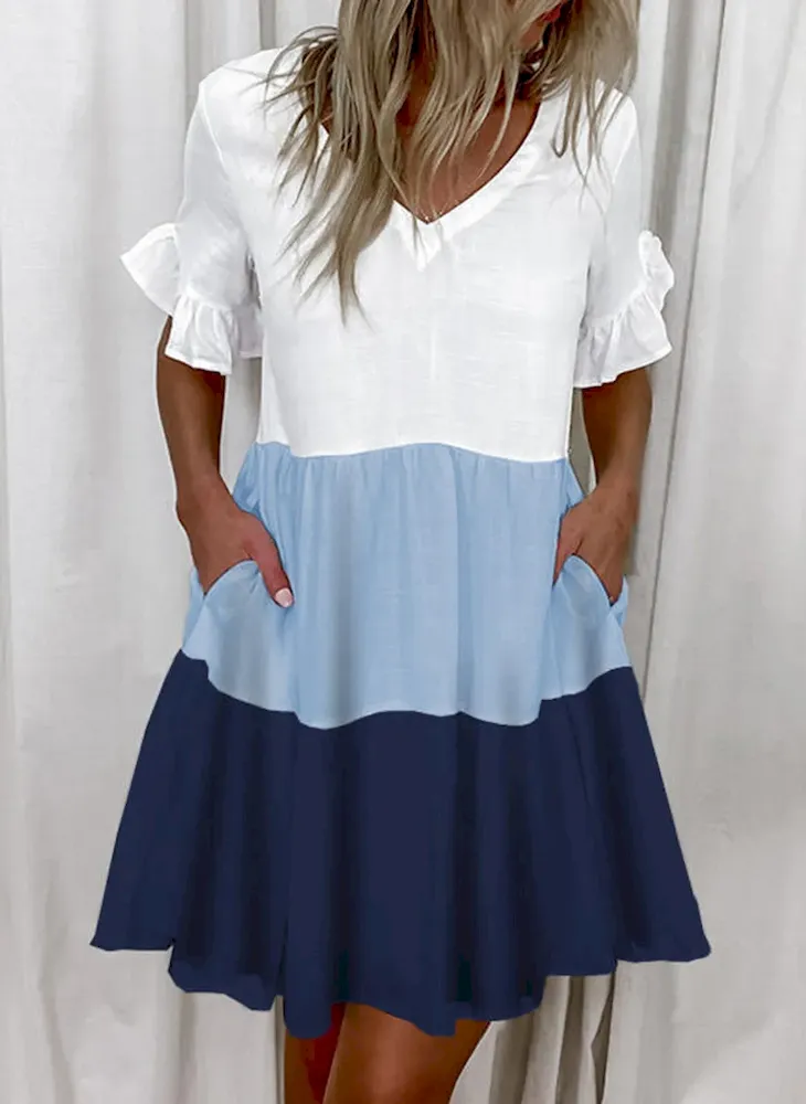 Women Fashion Casual Printed Color Block V-Neck Short-Sleeve Loose Dress - Image 13