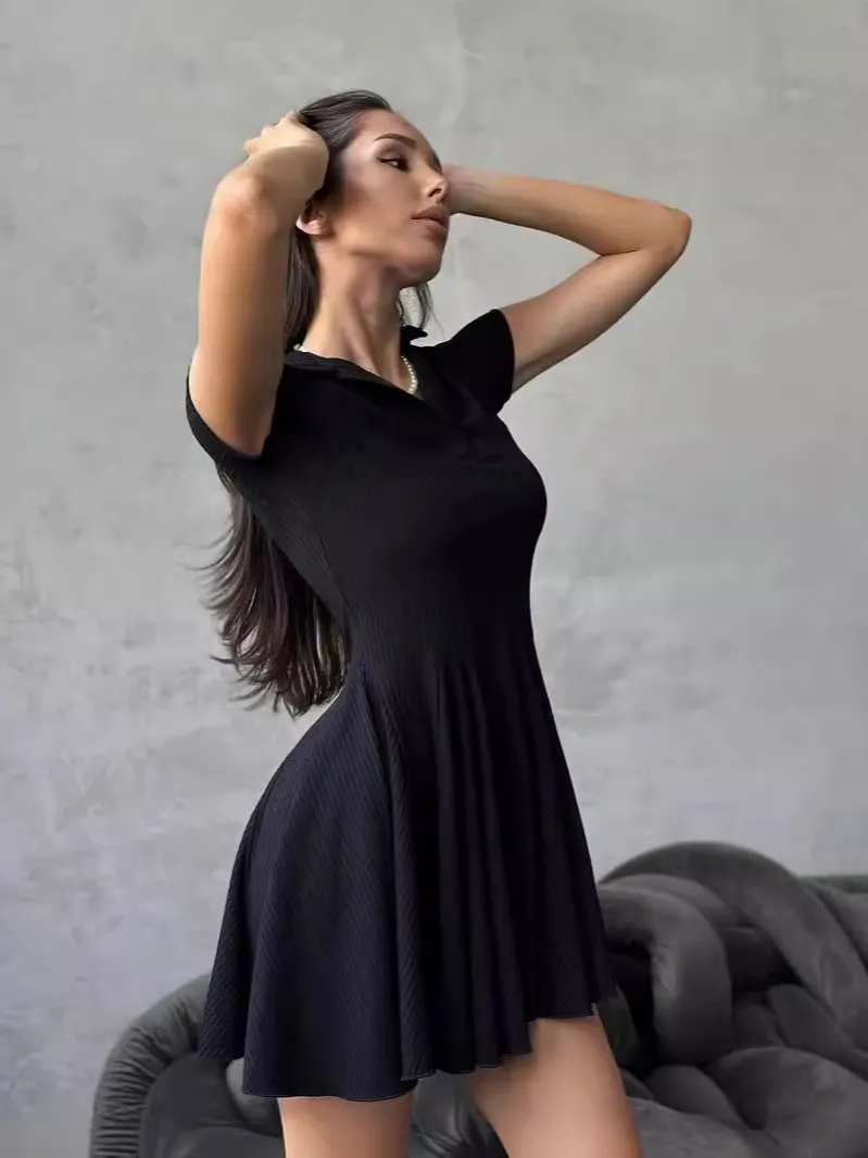 Women Fashion Simple Solid Color Lapel Short-Sleeve Dress - Image 3