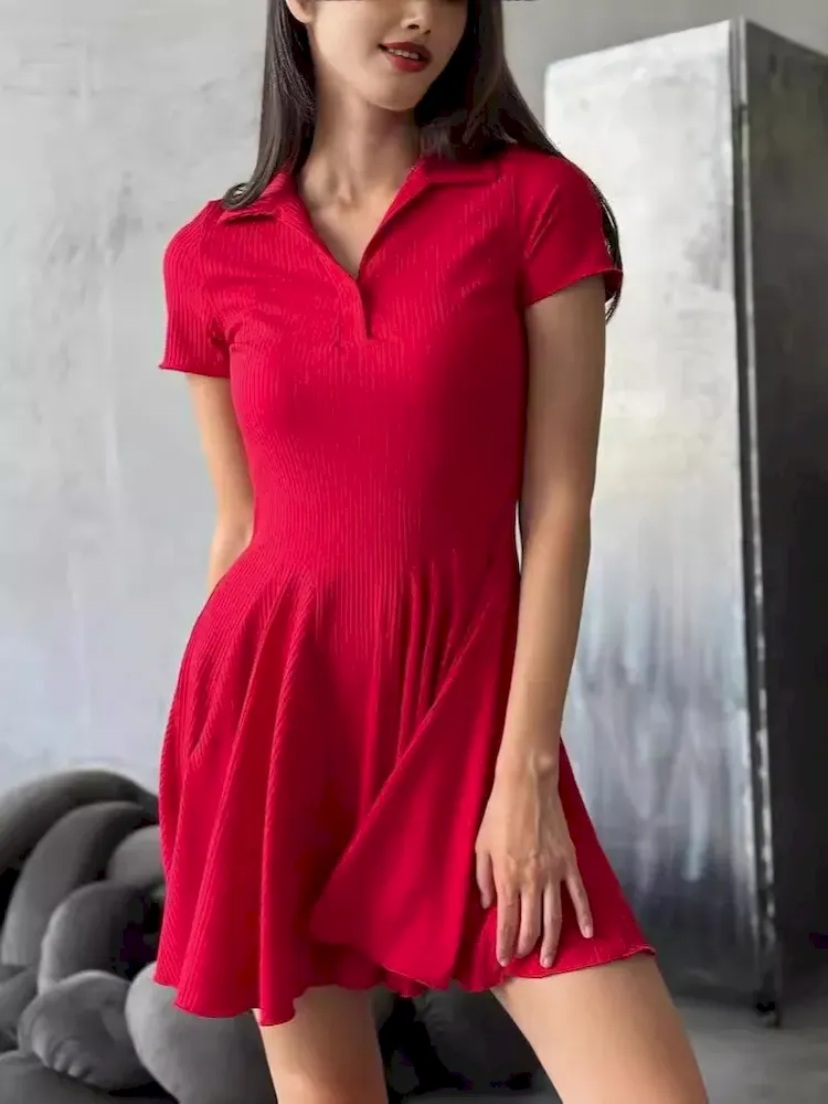 Women Fashion Simple Solid Color Lapel Short-Sleeve Dress - Image 5