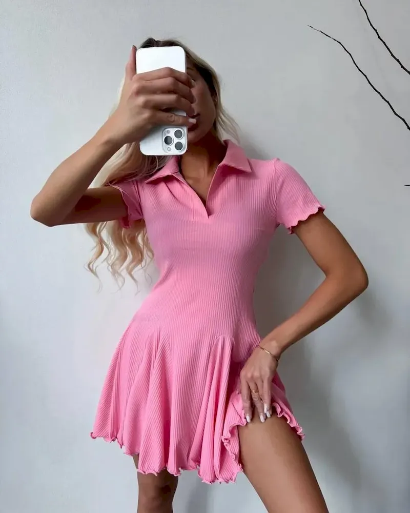 Women Fashion Simple Solid Color Lapel Short-Sleeve Dress - Image 6