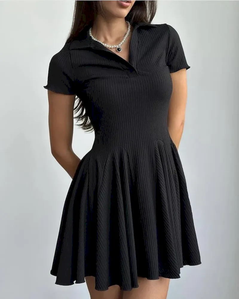 Women Fashion Simple Solid Color Lapel Short-Sleeve Dress - Image 7