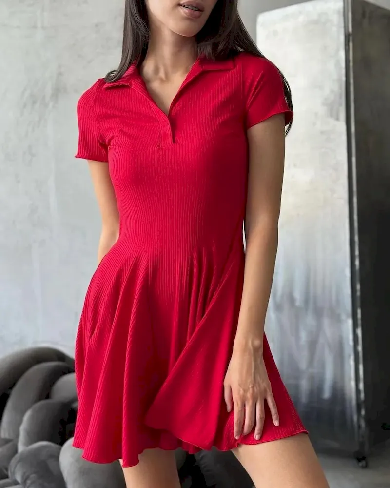 Women Fashion Simple Solid Color Lapel Short-Sleeve Dress - Image 8