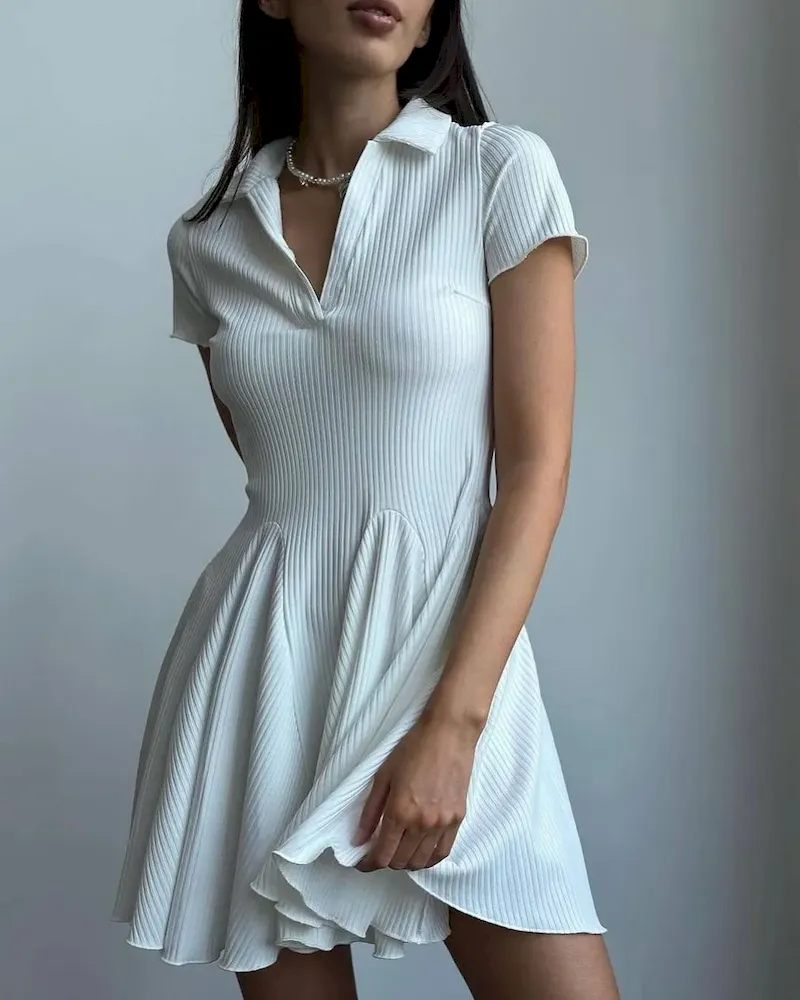 Women Fashion Simple Solid Color Lapel Short-Sleeve Dress - Image 9