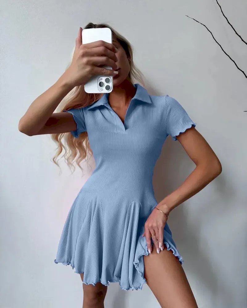 Women Fashion Simple Solid Color Lapel Short-Sleeve Dress - Image 10