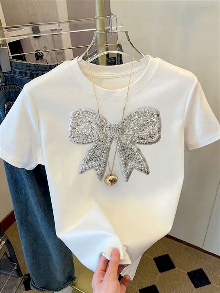 Summer Women Fashion Casual Loose Round Neck Bow Print Short Sleeve T-Shirt - Image 6