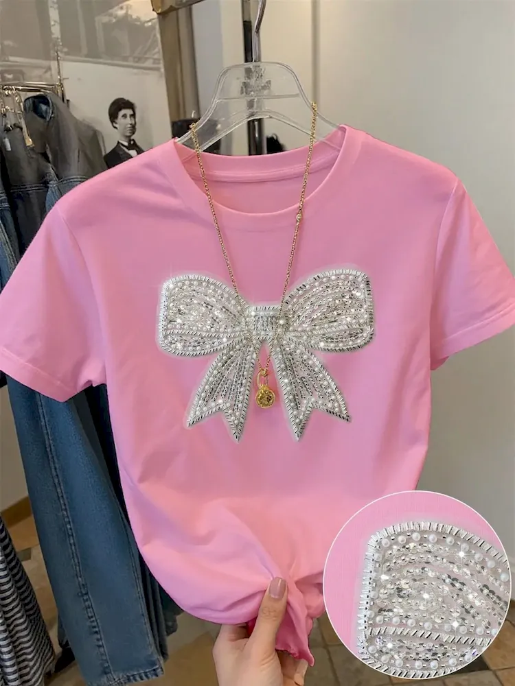 Summer Women Fashion Casual Loose Round Neck Bow Print Short Sleeve T-Shirt - Image 8