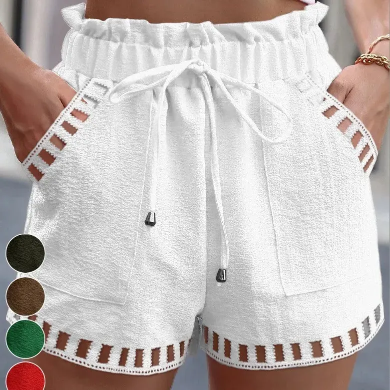 Women Casual Summer Cotton And Linen Solid Color Hollow Hem Shorts