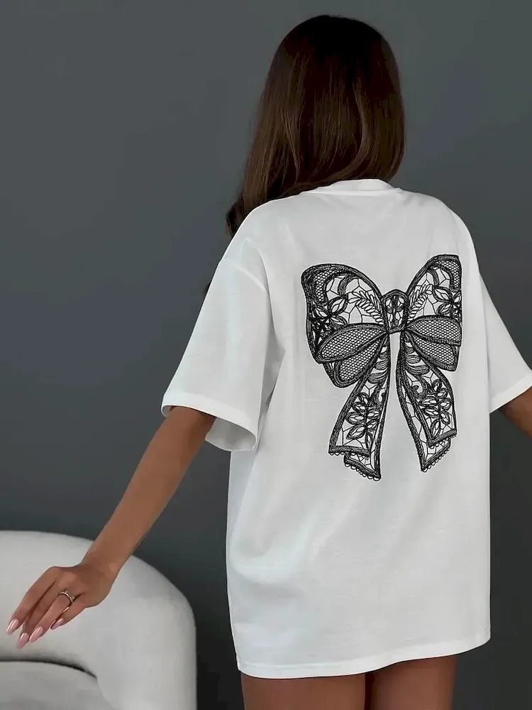 Summer Three-Dimensional Bow Lace Decorative Chic Simple Style Casual Short-Sleeved T-Shirt - Image 4