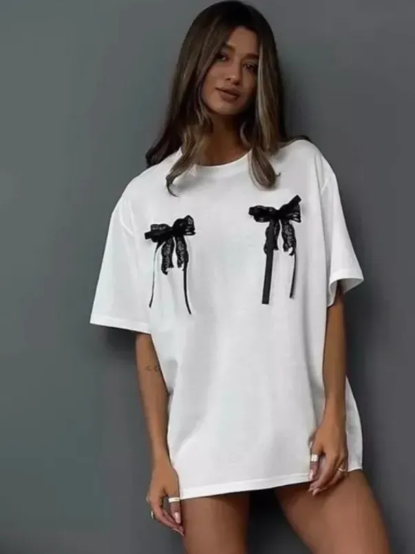 Summer Three-Dimensional Bow Lace Decorative Chic Simple Style Casual Short-Sleeved T-Shirt - Image 5