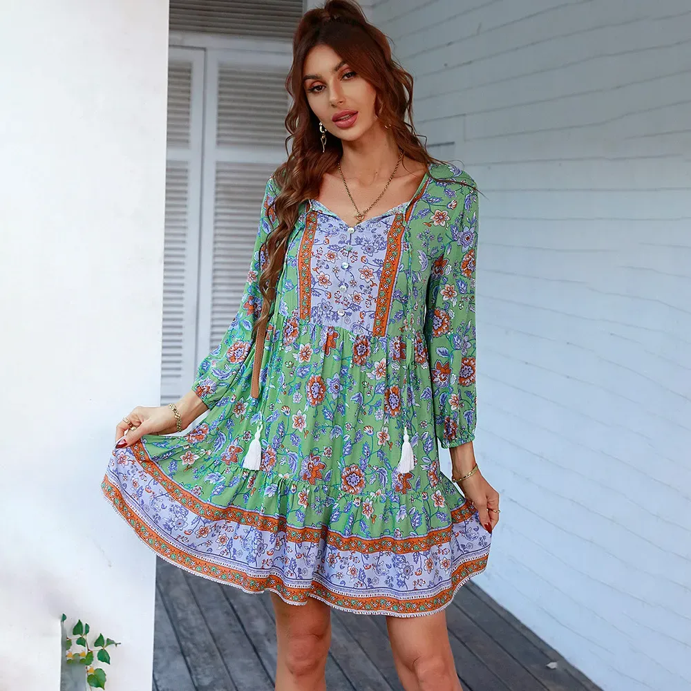 Women Casual Vacation Printed V-Neck Long-Sleeve Loose Dress