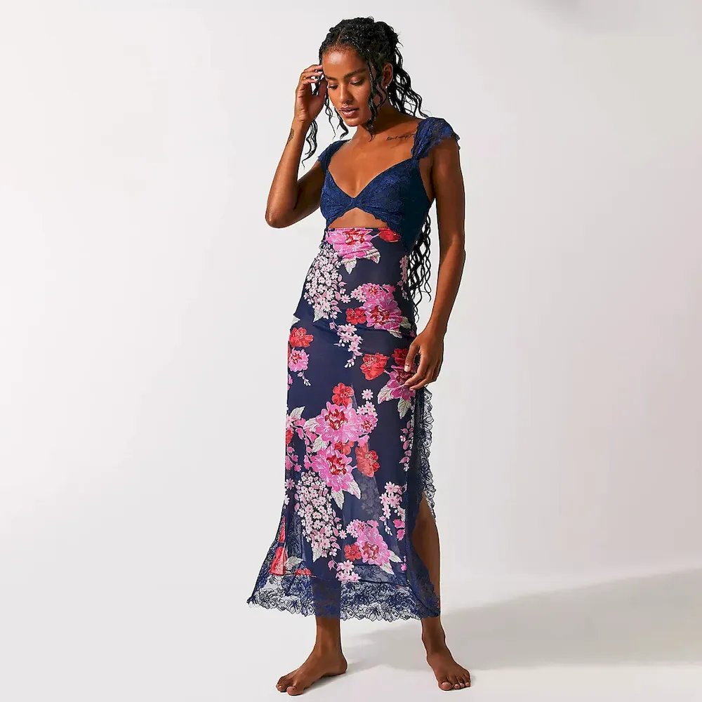 Women Fashion Sexy Lace Stitching Hollow-Out Sleeveless Backless Split Dress