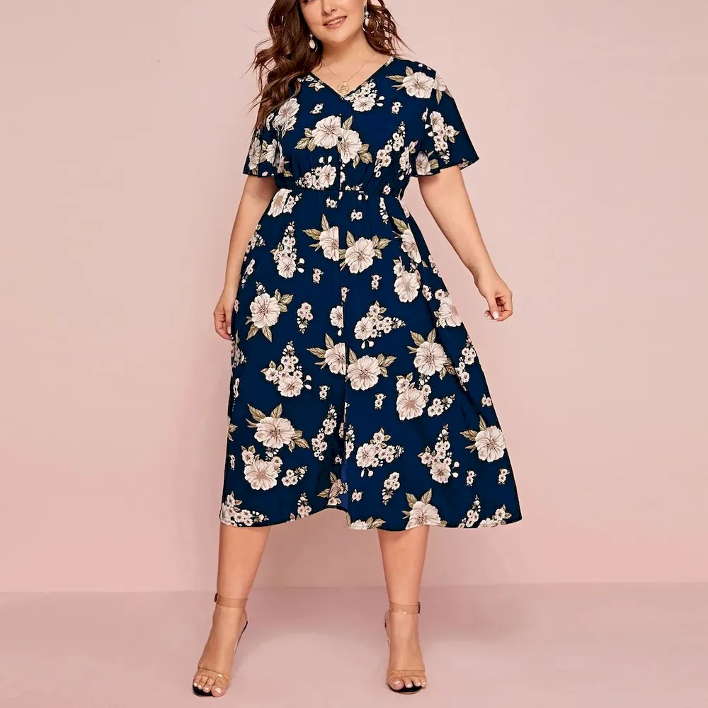 Women Fashion Casual Plus Size Chiffon Floral Printed V-Neck Short Sleeve Loose Dress