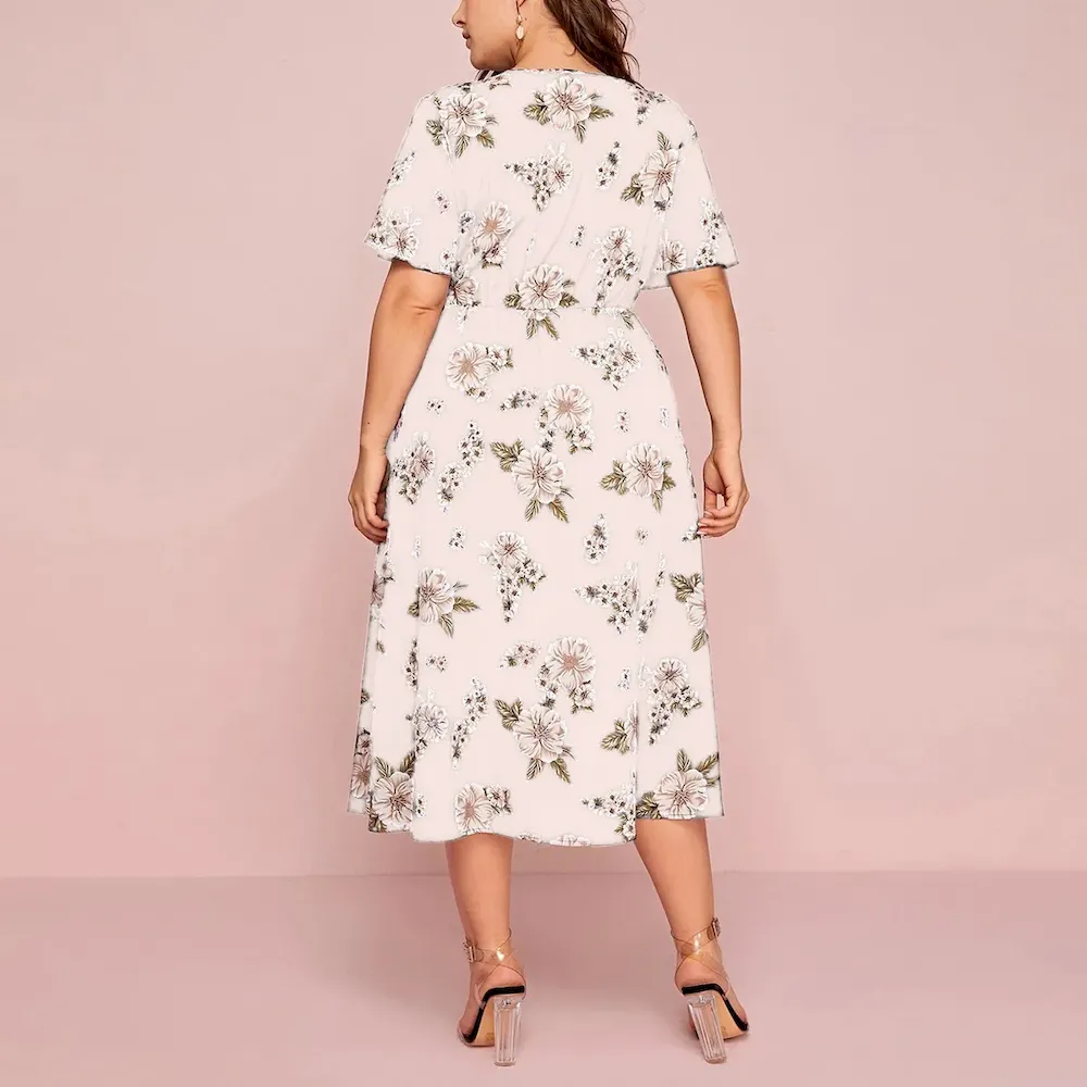 Women Fashion Casual Plus Size Chiffon Floral Printed V-Neck Short Sleeve Loose Dress - Image 4