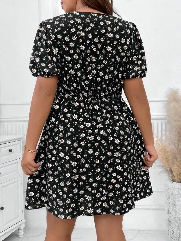 Women Fashion Casual Plus Size Floral Printed V-Neck Lantern Short-Sleeve Loose Dress - Image 5