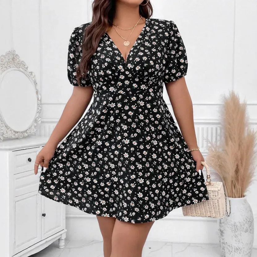 Women Fashion Casual Plus Size Floral Printed V-Neck Lantern Short-Sleeve Loose Dress - Image 6