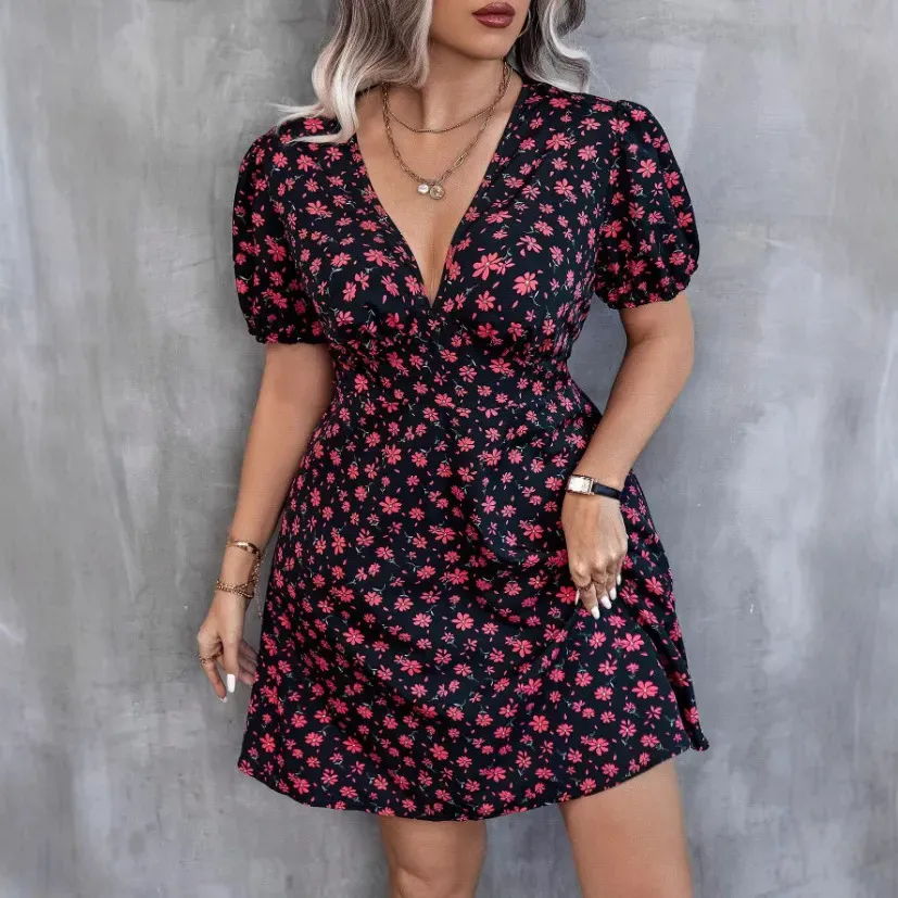 Women Fashion Casual Plus Size Floral Printed V-Neck Lantern Short-Sleeve Loose Dress - Image 7