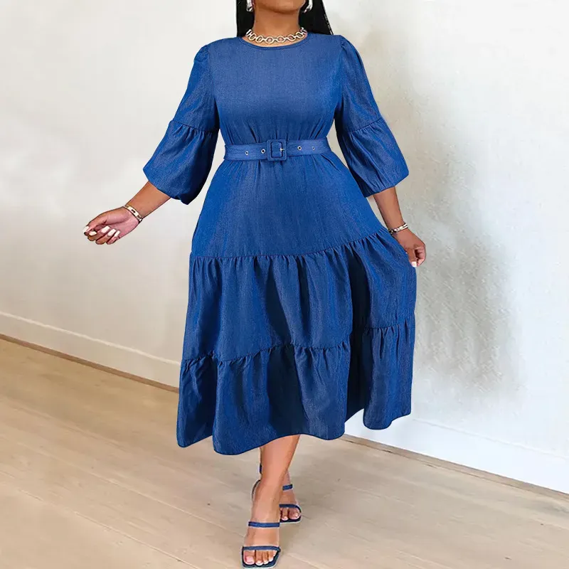 Women Fashion Plus Size Pleated Long-Sleeve Loose Denim Dress