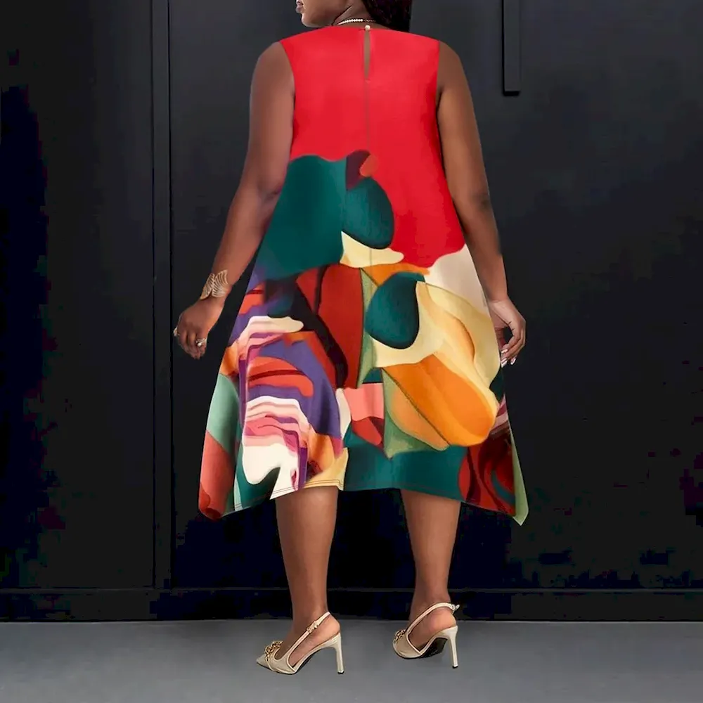 Women Fashion Casual Plus Size Printed Round Neck Sleeveless Loose Dress - Image 3