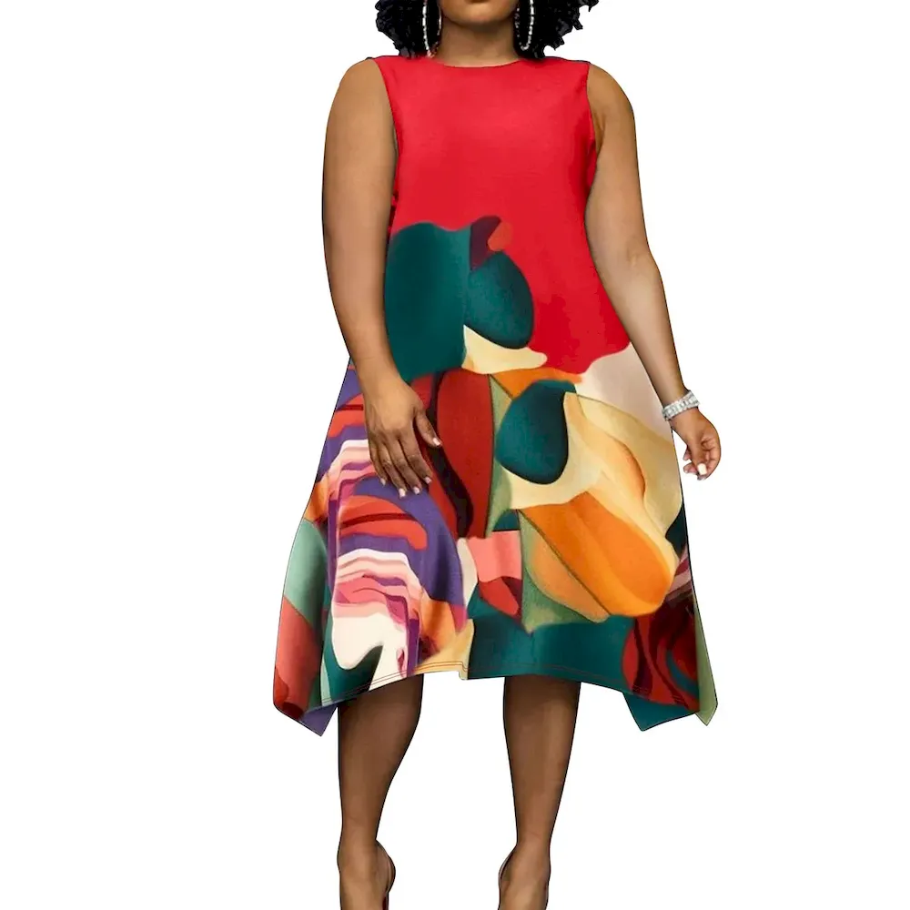 Women Fashion Casual Plus Size Printed Round Neck Sleeveless Loose Dress - Image 4