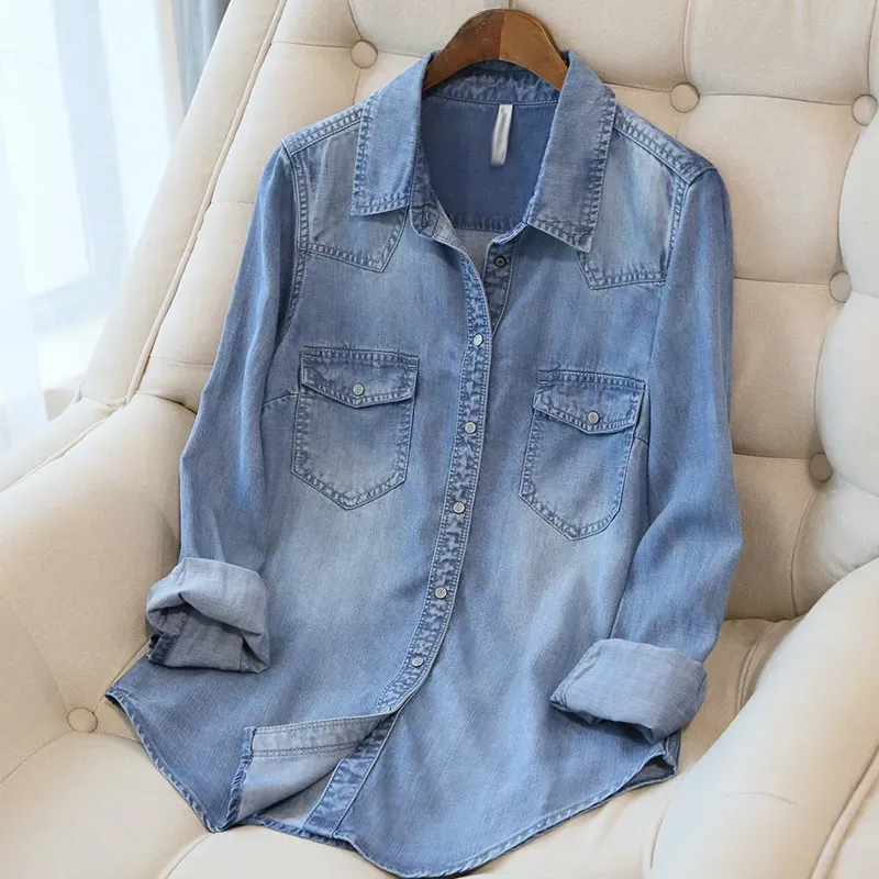 Women Fashion Casual Lapel Long-Sleeve Thin Loose Denim Coat