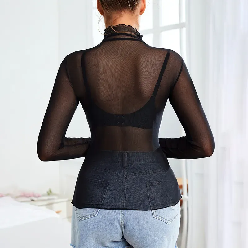 Sexy Long-Sleeved T-Shirt Women See-Through Mesh Top - Image 4