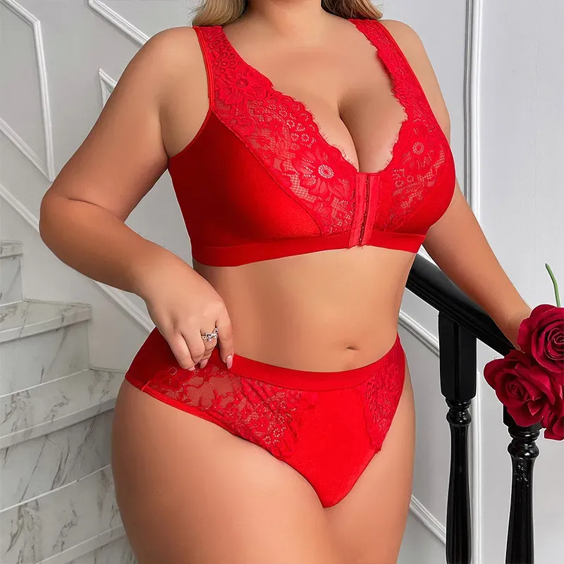 Women Fashion Plus Size Sexy Lace Adjustable Non-Steel Ring Bra Set