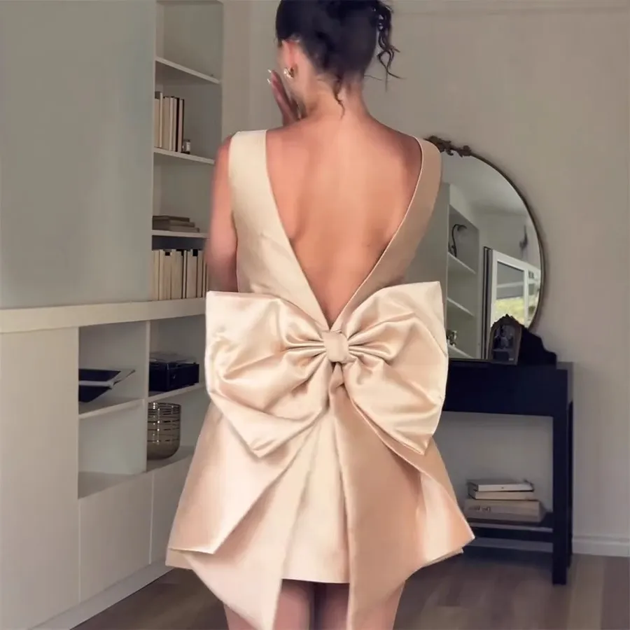 Women Fashion Elegant Satin Sleeveless Backless Bowknot High Waist Dress - Image 3