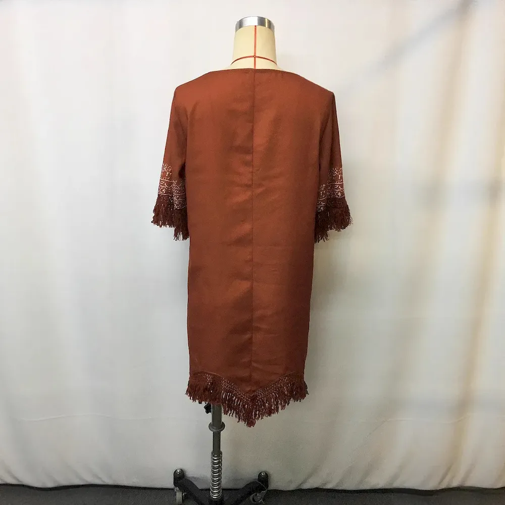 Women Fashion Casual Boho Printed V-Neck Short-Sleeve Loose Tassel Dress - Image 3