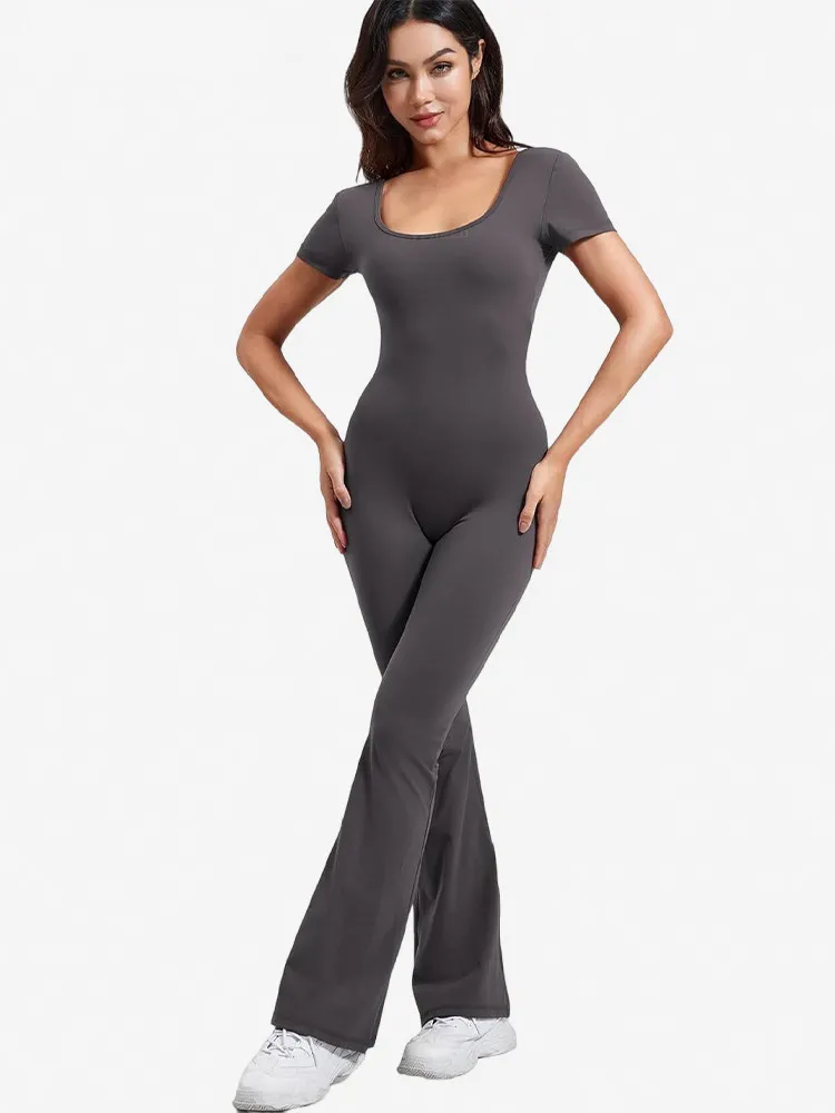 Women Fashion Casual Solid Color Square Neck Short-Sleeve Backless Yoga Sports Jumpsuits - Image 3