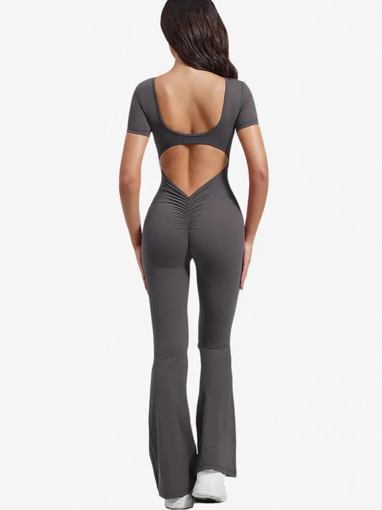 Women Fashion Casual Solid Color Square Neck Short-Sleeve Backless Yoga Sports Jumpsuits - Image 4