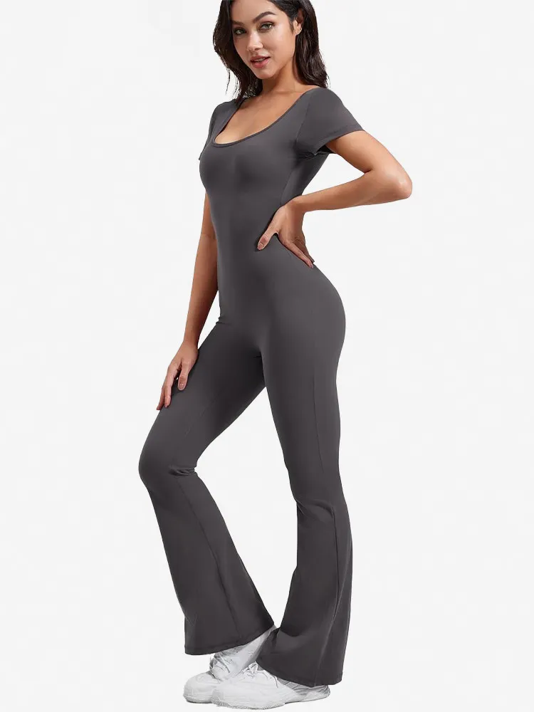 Women Fashion Casual Solid Color Square Neck Short-Sleeve Backless Yoga Sports Jumpsuits - Image 5