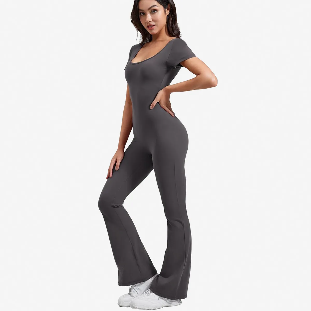 Women Fashion Casual Solid Color Square Neck Short-Sleeve Backless Yoga Sports Jumpsuits - Image 6
