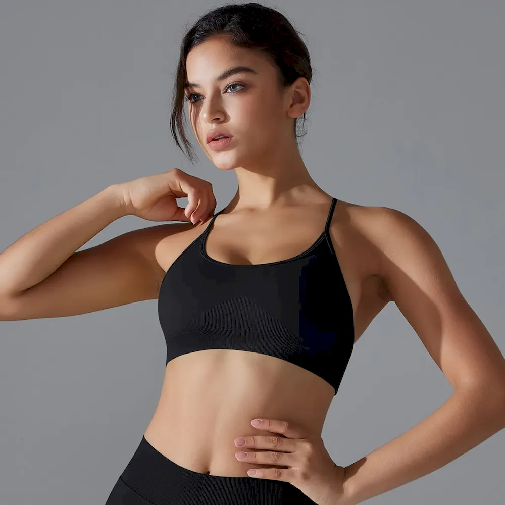 Women Fashion Sexy Solid Color Seamless Cross Backless Tight Yoga Sports Bra - Image 3