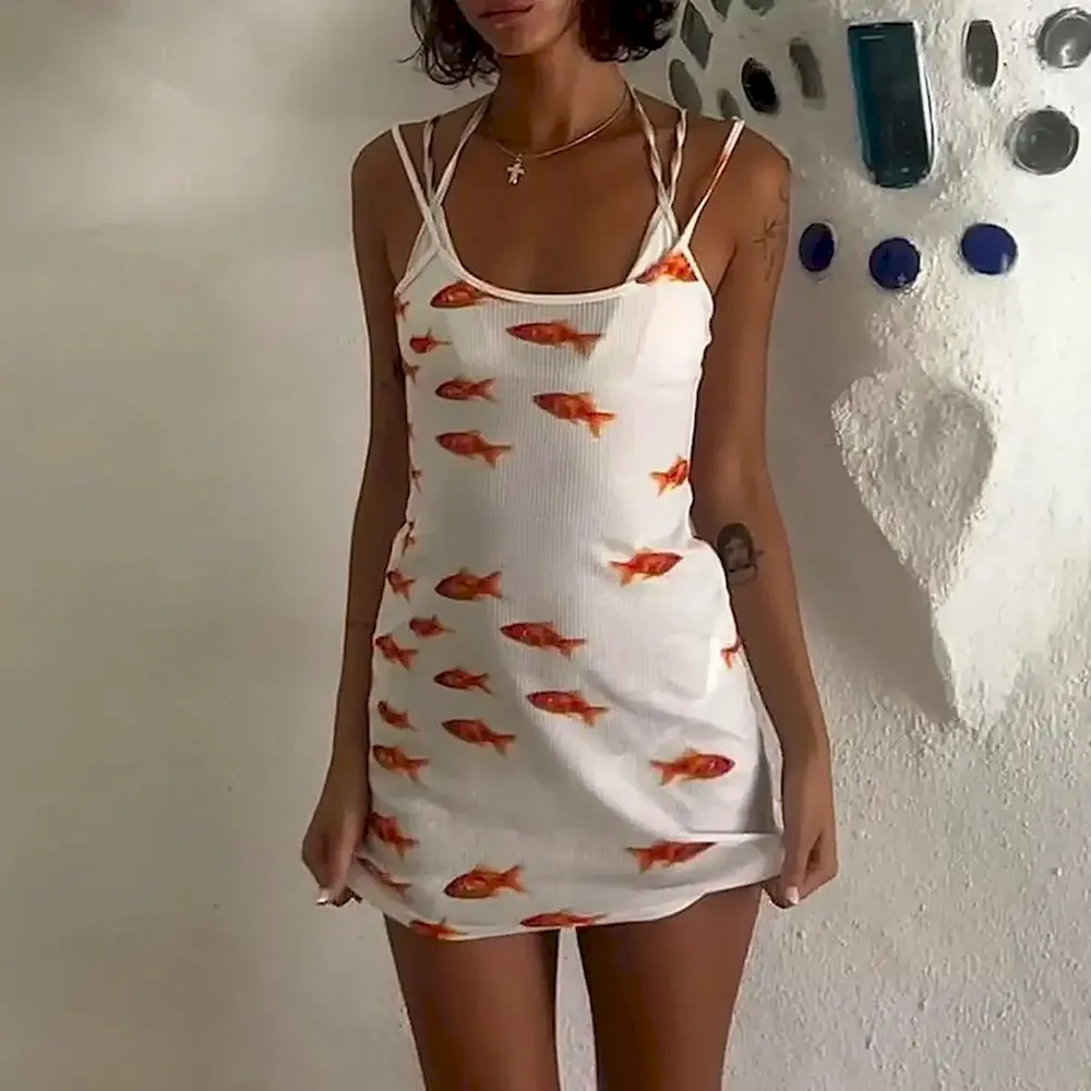 Women Fashion Sexy Goldfish Print Sleeveless Spaghetti Strap Tight Dress