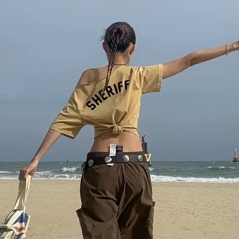 Women Summer Street Fashion Letter Printed Short-Sleeved Slant Collar T-Shirt - Image 4