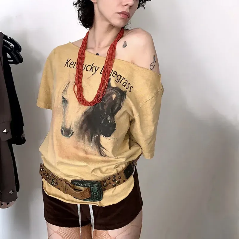 Women Summer Street Fashion Letter Printed Short-Sleeved Slant Collar T-Shirt - Image 6