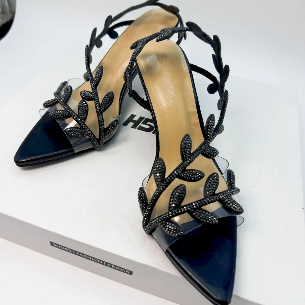 Women Fashion Sexy Rhinestone Leaves Pointed Toe Thin High Heels