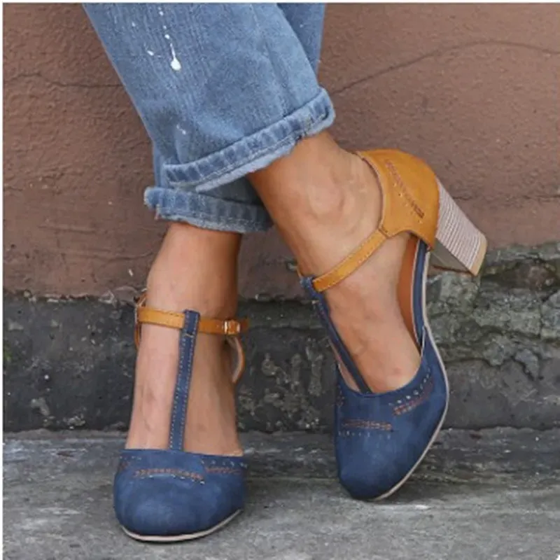 Women Fashion Color Block Suede Round-Toe Thick High-Heels Shoes