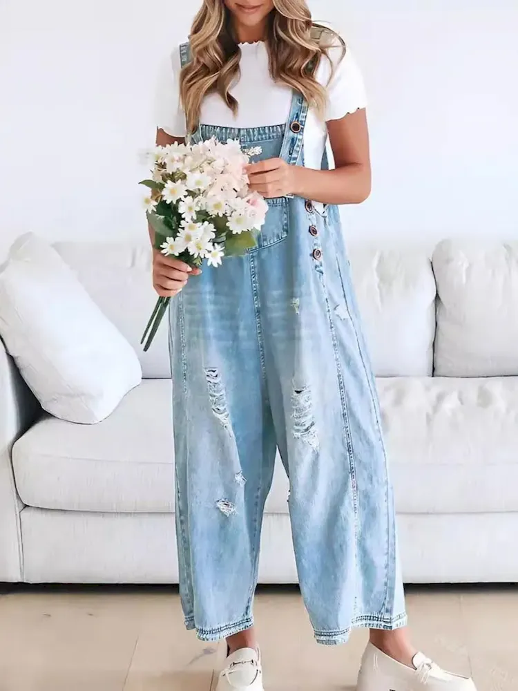 Women Fashion Retro Casual Ripped Loose Wide Leg Denim Jumpsuits - Image 3