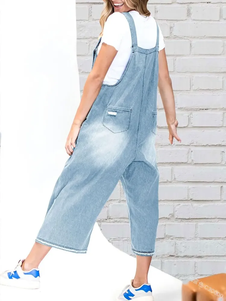 Women Fashion Retro Casual Ripped Loose Wide Leg Denim Jumpsuits - Image 4